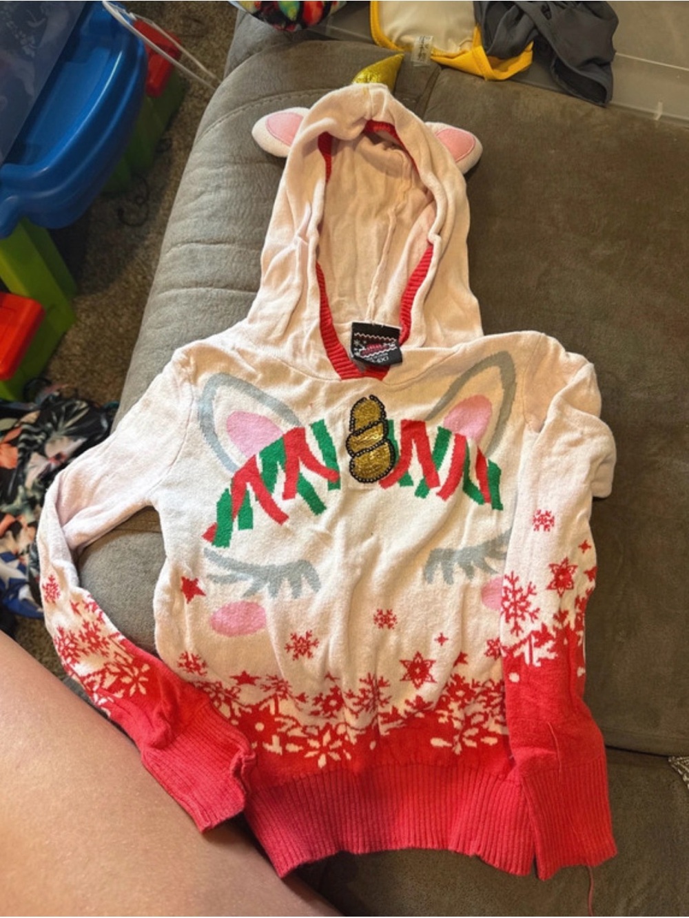 Girls' Pink Unicorn Hooded Sweater with Red Trim